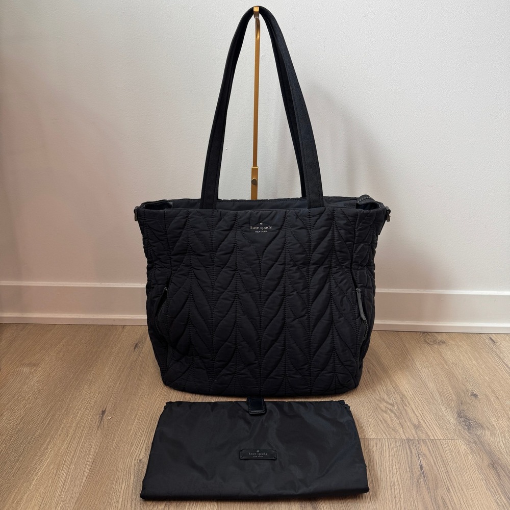 Kate Spade New York Chelsea Black Quilted Nylon Baby Bag Diaper Tote with Mat